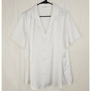 Grace Karin white satin collared Vneck top Size XL Minimal Classic Office Staple